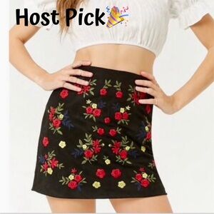 black sueded skirt with floral print embroidered accents